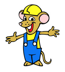 mouse mascot worker with safety helmet and blue overalls cartoon