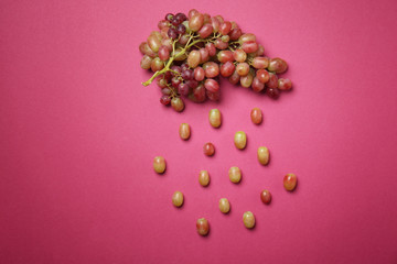Creative composition with tasty grapes on color background