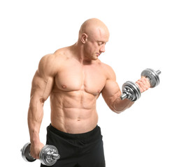 Fototapeta na wymiar Muscular bodybuilder with dumbbells on white background