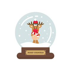 cartoon cute christmas snowglobe with winter deer with scarf