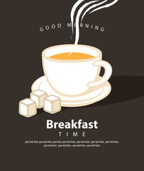 Vector banner on the theme of Breakfast time with cup of hot coffee or tea and sugar pieces, with place for text in retro style on the black background