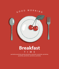 Vector banner on the theme of Breakfast time with plate, fork and spoon on the background of red tablecloth with place for text in retro style