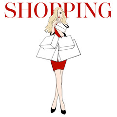 Beautiful Woman in red dress with shopping bags and inscription shopping. Young fashion shopper girl for sale advertising. Happy Woman or girl shopping. Hand drawing sketch, Vector illustration