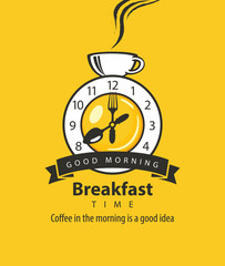 Vector banner on the theme of Breakfast time with a clock in the form of fried egg, clocks hands in the form of fork and spoon, and with cup of hot drink on a yellow background in retro style.