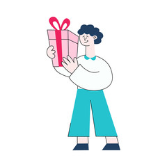 Vector stylized boy kid in winter outdoor clothing holding present gift box for christmas, birthday or new year holiday celebration. Male character with surprise for family, flat illustration