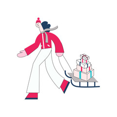 Vector stylized woman in winter outdoor clothing pulling santa sleigh full with present gift boxes for christmas, birthday or new year holiday celebration. Female character with surprise for kids