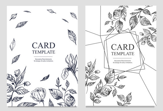 Invitation or greeting card template design with floral hand drawn elements on light background. Vector