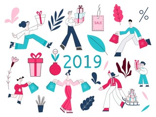 Vector illustration set of people with shopping bags and present boxes and decorative elements for winter holidays and seasonal sale concept in flat style isolated on white background.