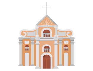 Cartoon construction of catholic church with symbol of faith
