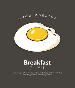 Vector banner on the theme of Breakfast time with hot fried egg and place for text on the black background in retro style