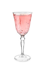 Glass of rose champagne on white background