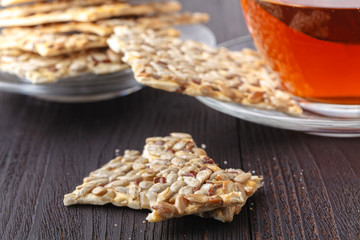 Crispy cookies made from whole wheat flour with flax seed, sunflower seeds and sesame seeds