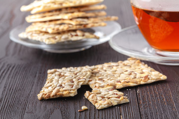Crispy cookies made from whole wheat flour with flax seed, sunflower seeds and sesame seeds