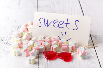 Colorful marshmallow on white background, sweets concept
