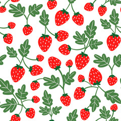 Juicy strawberry branches. Hand drawn vector seamless pattern. Transparent background