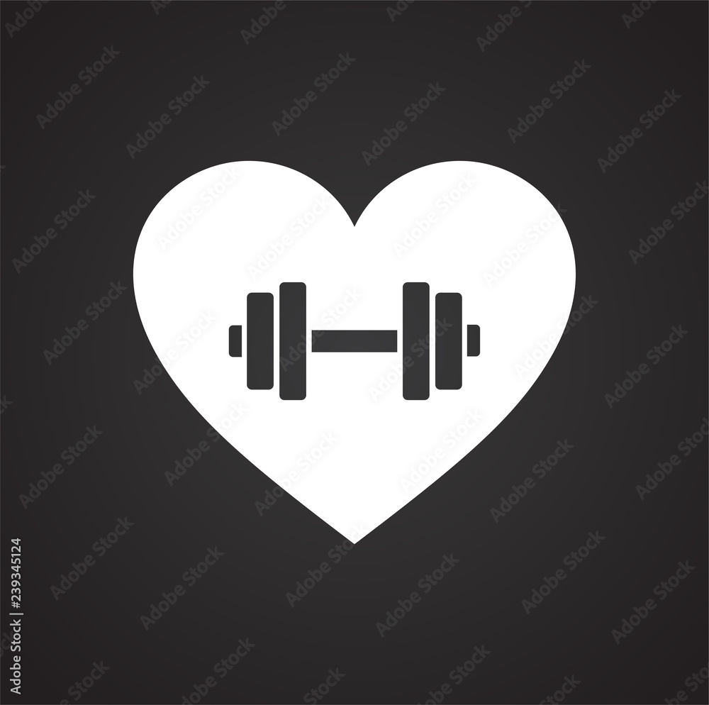 Poster heart with dumbbell icon on black background for graphic and web design, modern simple vector sign. 