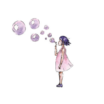 Watercolor girl wiyh bubbles