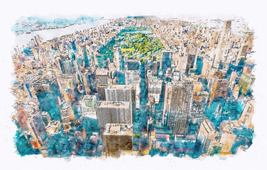 Aerial view of Midtown Manhattan, NY and Central Park watercolor painting