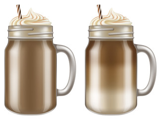 Macchiato / Cappuccino coffee in mason jar mugs. Vector illustration.