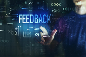 Feedback with young man touching screen at night