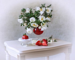 Still life with bouquet of wild roses