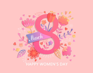 International Women's Day. Banner, flyer for March 8 decorating by paper flowers and ribbon. Congratulating and wishing happy holiday card for newsletter, brochures, postcards. Vector illustration.