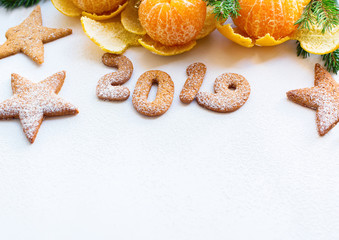 Christmas new year composition tangerines fir tree