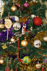 Close-up of the colorful Christmas tree decorations