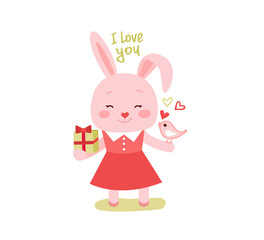 Cute cartoon lovely rabbit with pink large heart