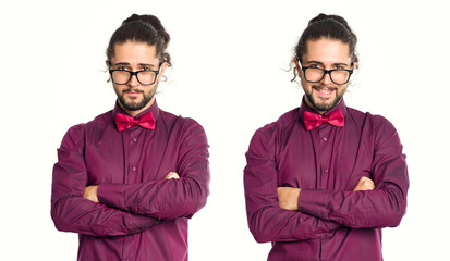 Two emotionally opposite male portraits. First man sad and serious face, second male portrait is joyful and cheerful, on white background.