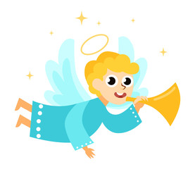 Christmas angel with halo wings and trumpet