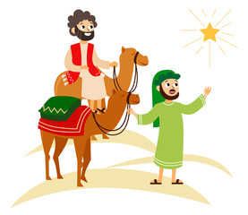 Three wise men on camels going to Bethlehem