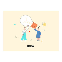 Vector employee creativity concept poster with stylized business man and woman holding big light bulb above head. Female, male office characters and symbol of idea, eureca and working process