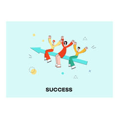 Vector teamwork concept poster with stylized business man and woman flying at big arrow raising hands up. Female, male office characters and symbol of workflow and successful communication