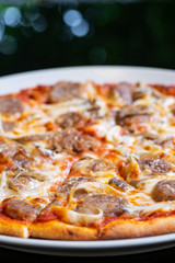 Fresh pizza with tomatoes, cheese and sausage