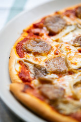 Fresh pizza with tomatoes, cheese and sausage