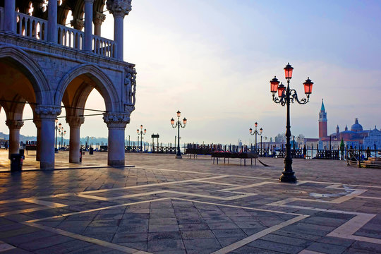 Doge's Palace and Piazzetta against San Giorgio Maggiore in the Early Morning Light, Venice, Veneto, Italy