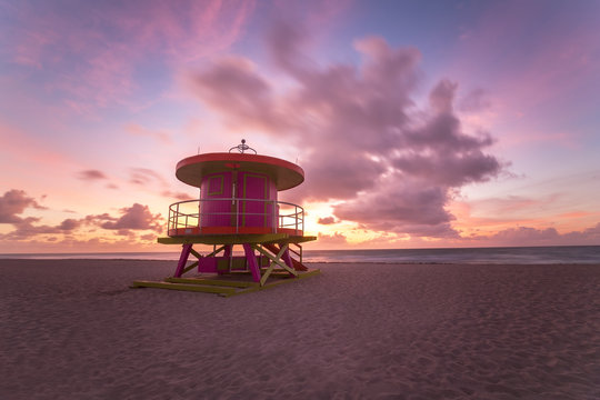 Art Deco style Lifeguard hut on South Beach, Ocean Drive, Miami Beach, Miami, Florida, USA