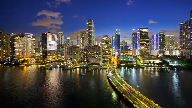 View from Brickell Key, a small island covered in apartment towers, towards the Miami skyline, Miami, Florida, USA