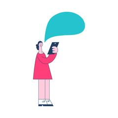 Vector illustration of online communication concept in flat style with young smiling woman holding mobile devices and chatting at social network isolated on white background.