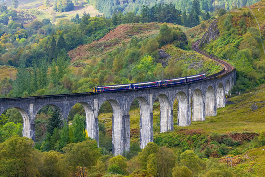 Train on the Glenfinnan Railway Viaduct, part of the West Highland Line, Glenfinnan, Loch Shiel, Highlands, Scotland, United Kingdom, Europe