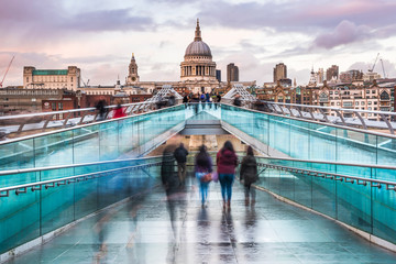 St Pauls Cathedral at sunset, seen across Millennium Bridge, City of London, London, England, United Kingdom