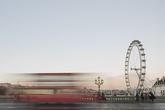 Blurred bus on Westminster bridge, London, England, UK