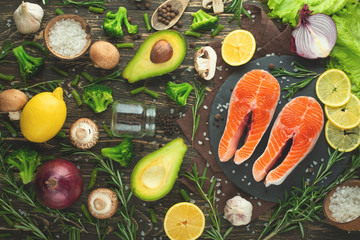 Fresh pieces of steak salmon, trout, salmon, pink salmon. With ingredients. Healthy and clean food. Diet and veganism, background for design, market, products, restaurant and home cooking, recipes