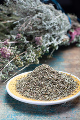 Herbes de Provence, typical of the Provence region, blends often contain savory, marjoram, rosemary, thyme,  oregano, lavender leaves, used with grilled foods and stews.
