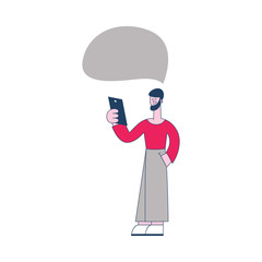 Vector cheerful young man standing holding smartphone device with empty speech bubble. Male character with social communication symbol. Flat isolated illustration