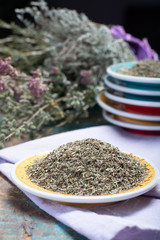 Herbes de Provence, typical of the Provence region, blends often contain savory, marjoram, rosemary, thyme,  oregano, lavender leaves, used with grilled foods and stews.