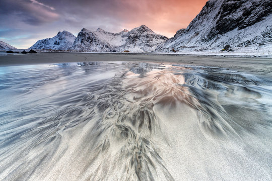 Skagsanden beach at sunset, Flakstad, Lofoten Islands, Norway