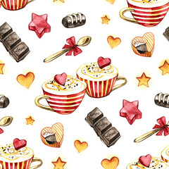 Sweet cups, chocolate and heart seamless pattern. Valentine coffee pattern. lovely cup texture. watercolor texture with cup and heart. coffee background. love fabric