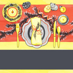 Christmas table decorating setting. Hand draw gouache. Top view. Watercolor isolated illustration on white background.